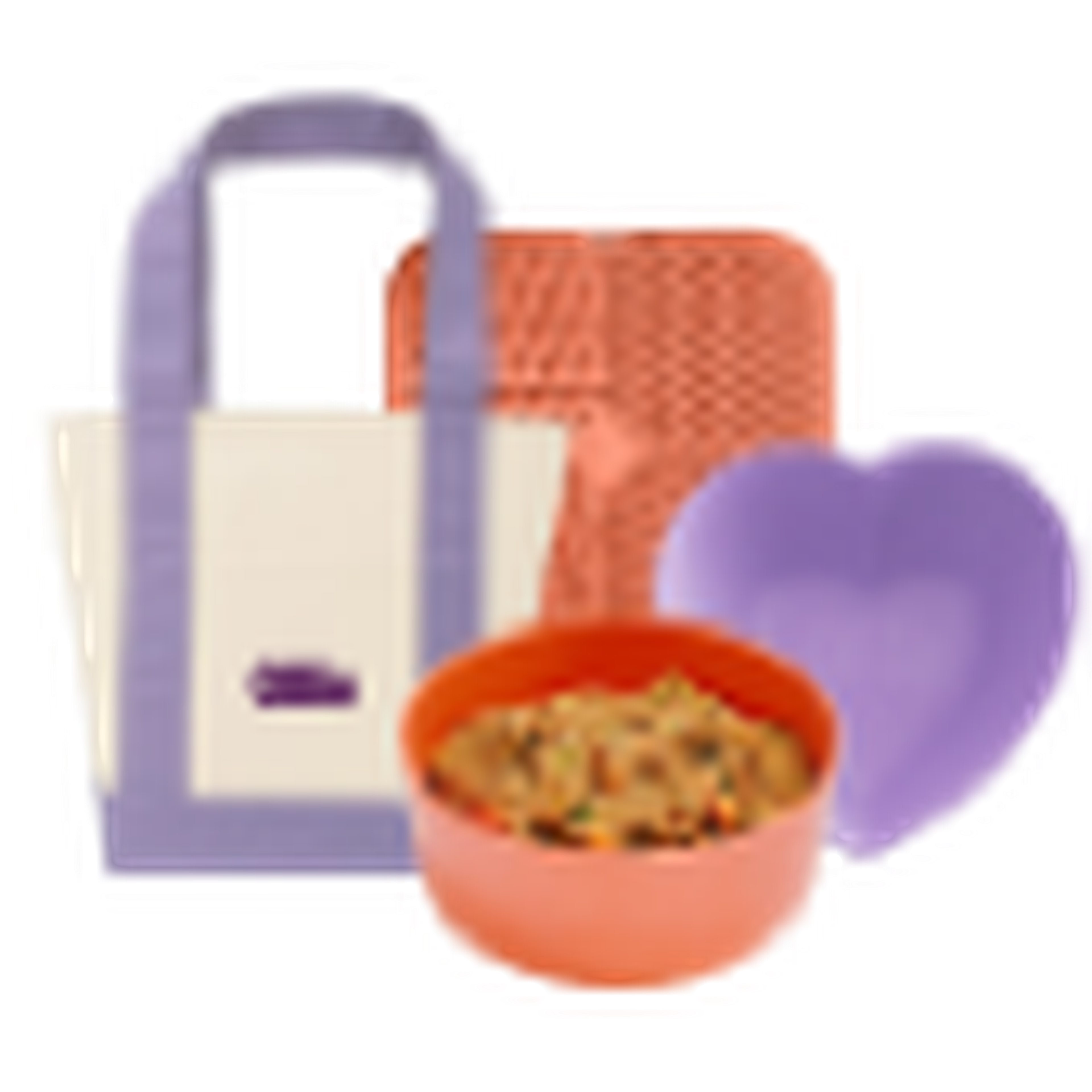 A fabric bag with purple handles, an orange bowl with mixed grains, a purple heart-shaped plate, and a red mesh basket.
