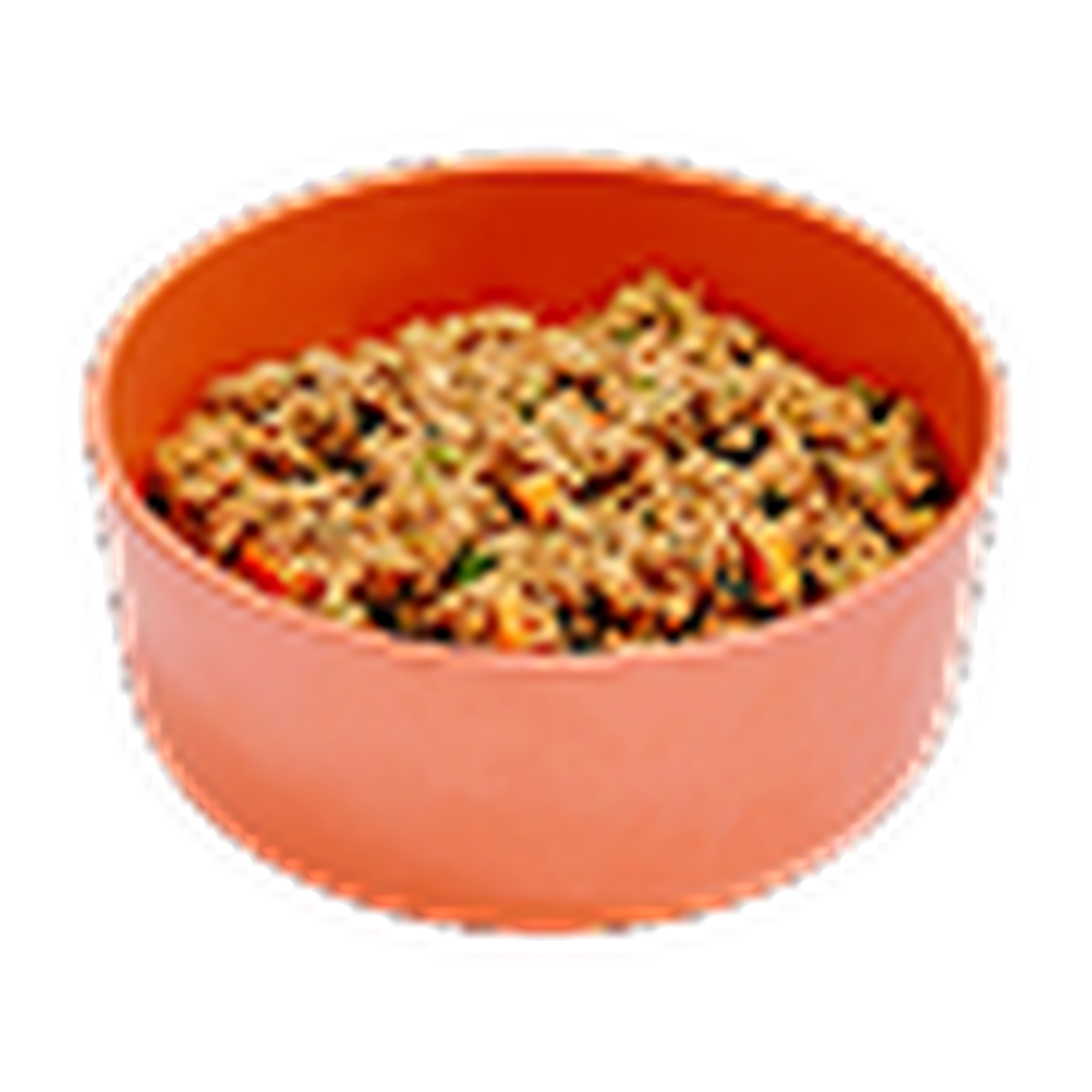 An orange bowl filled with a mixed dish containing rice, vegetables, and herbs.