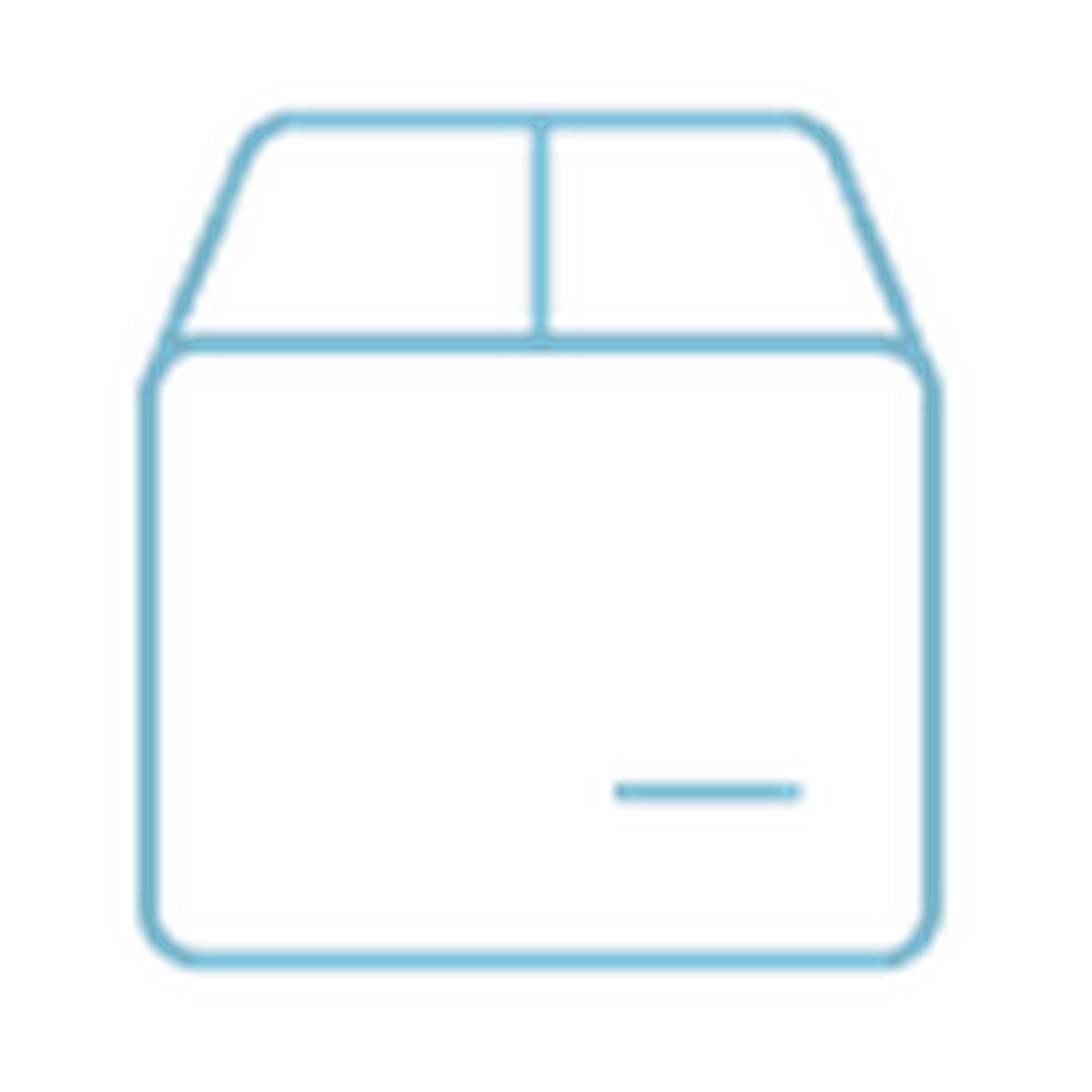 Minimalistic icon of a closed cardboard box with a blue outline, featuring a horizontal line near the bottom.