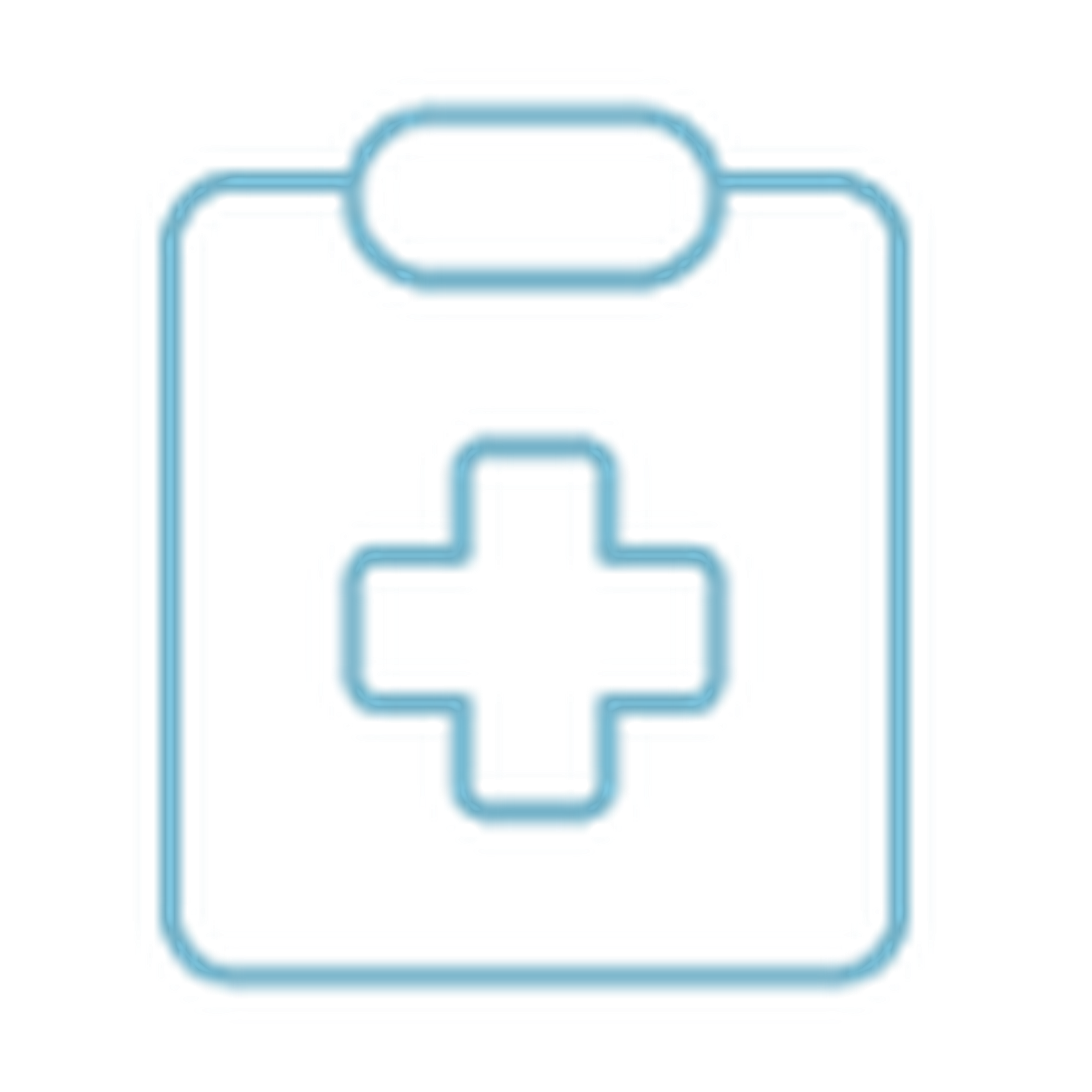 Icon of a clipboard with a medical cross symbol in the center, outlined in light blue.