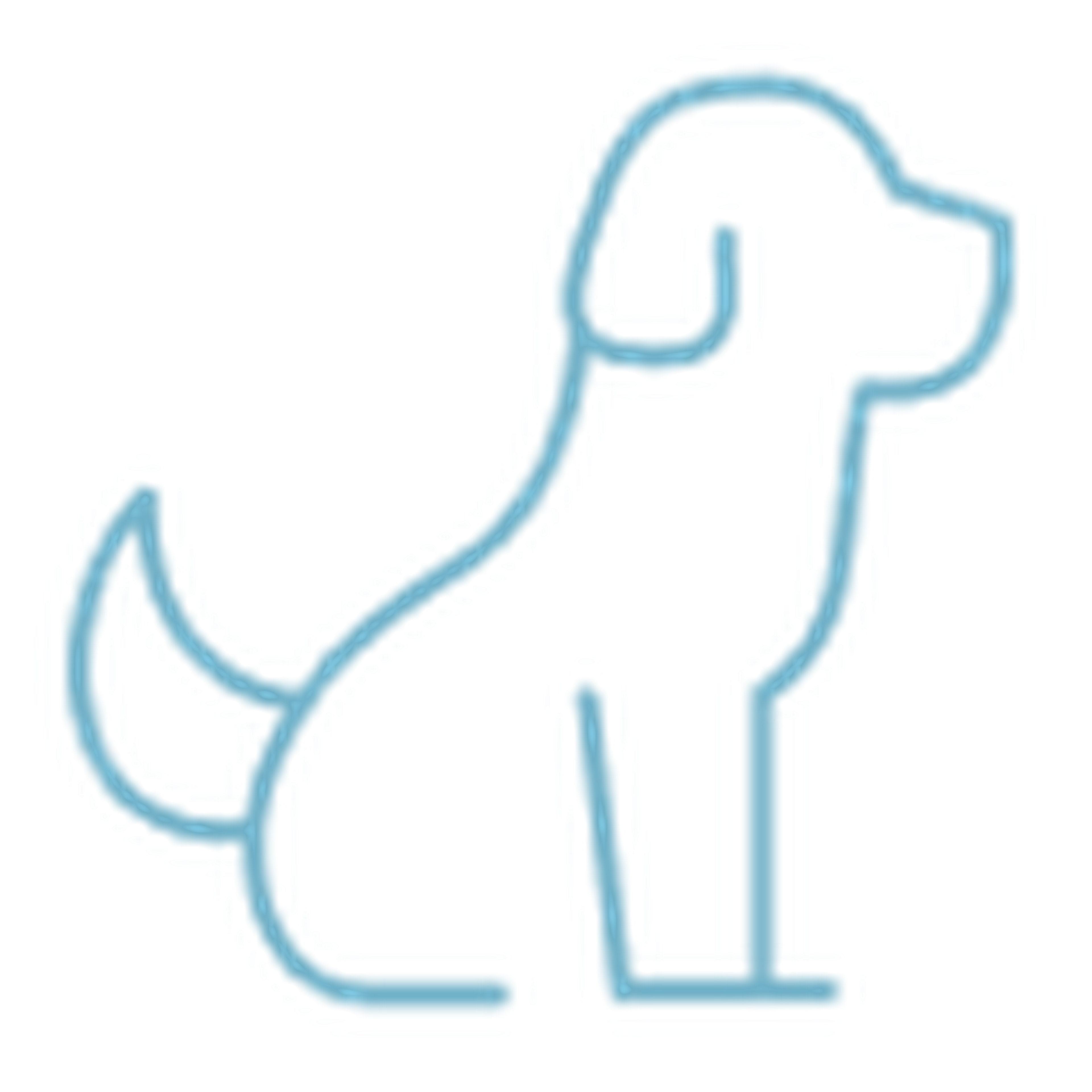 Outline of a sitting dog facing right, drawn in light blue on a transparent background.