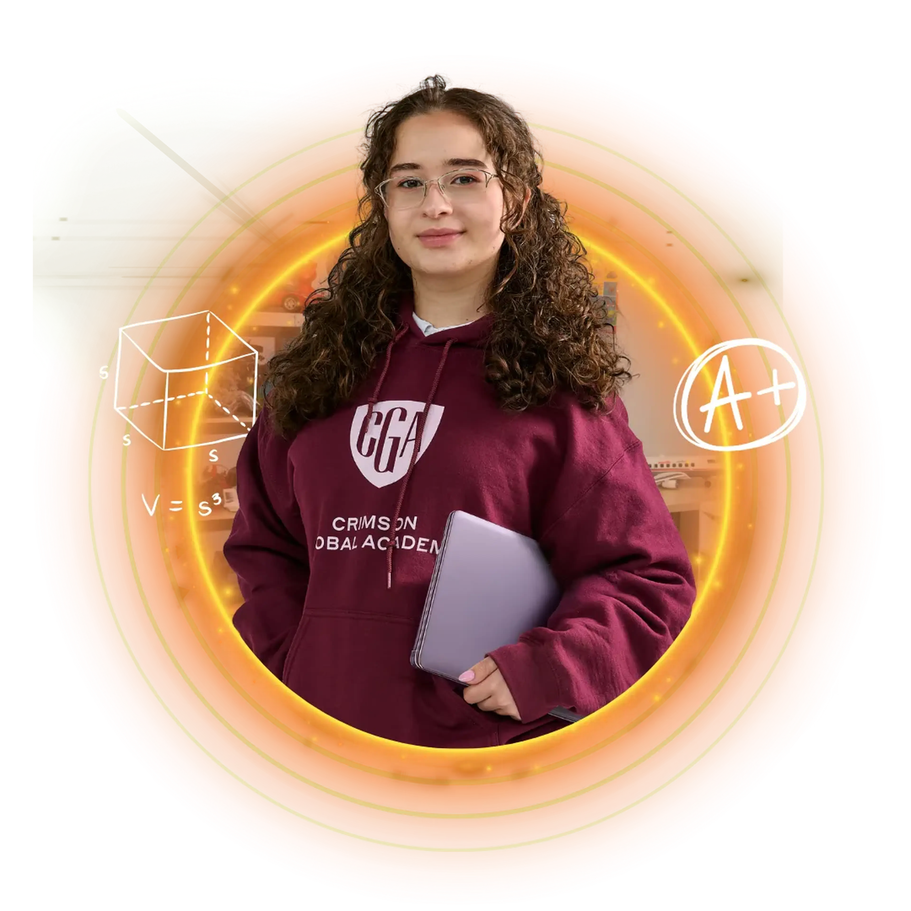 Student wearing CGA hoodie and holding laptop
