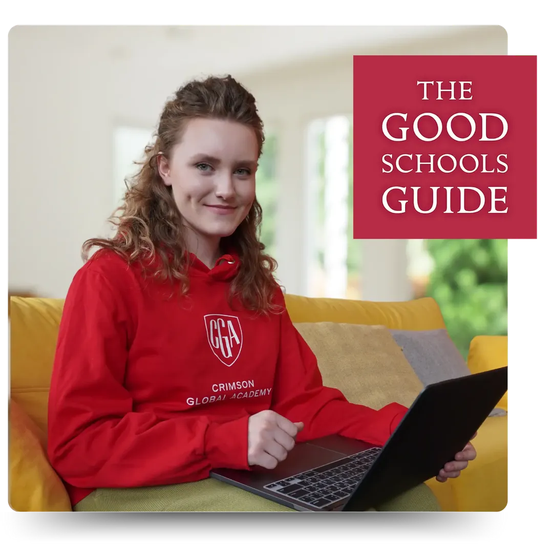 Crimson Global Academy Good Schools Guide Image with UK Student on Laptop