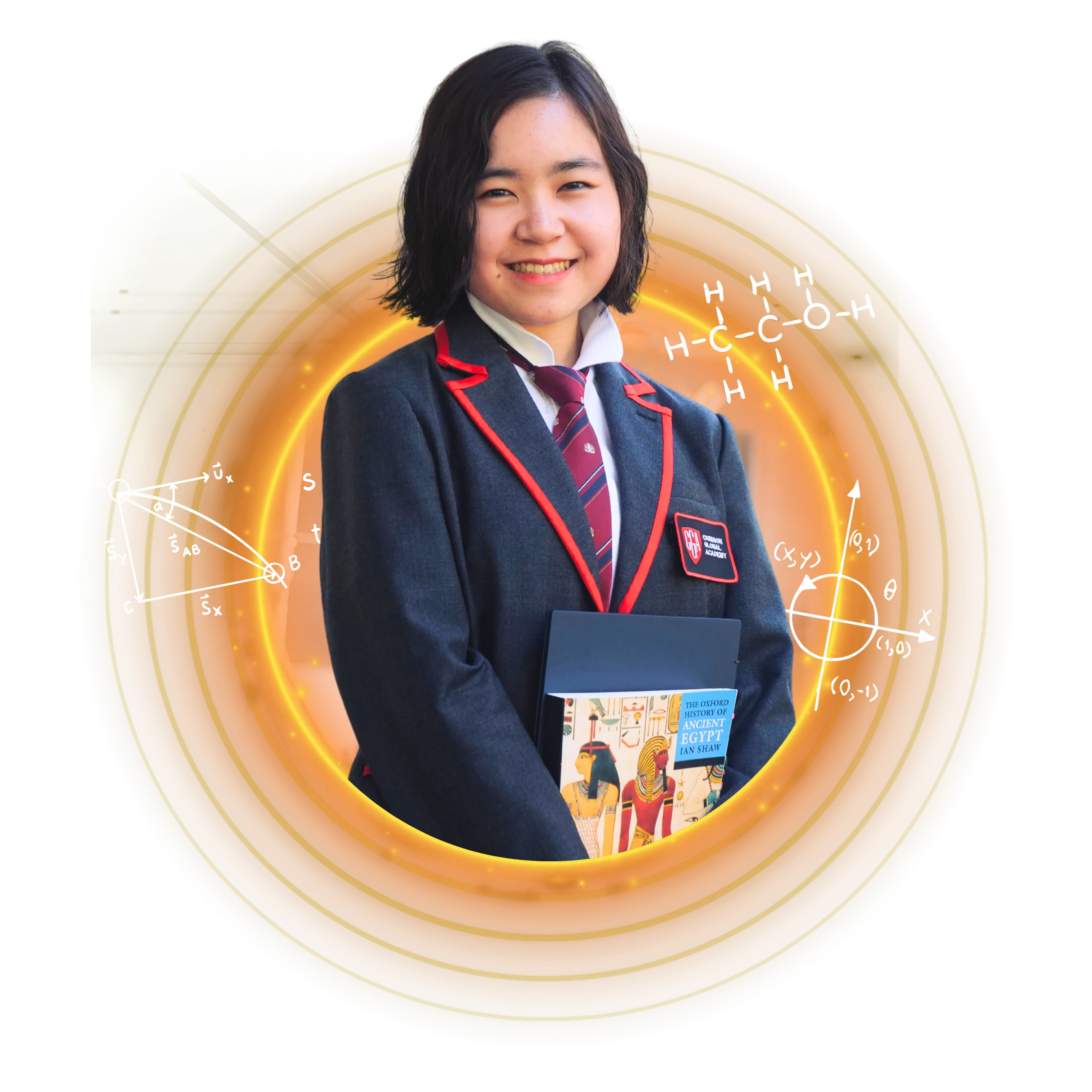 Student wearing CGA uniform and holding laptop and book