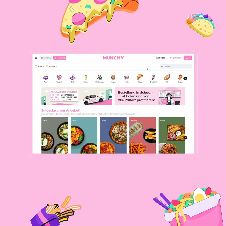 Food ordering and delivery platform interface showing menu categories and dishes