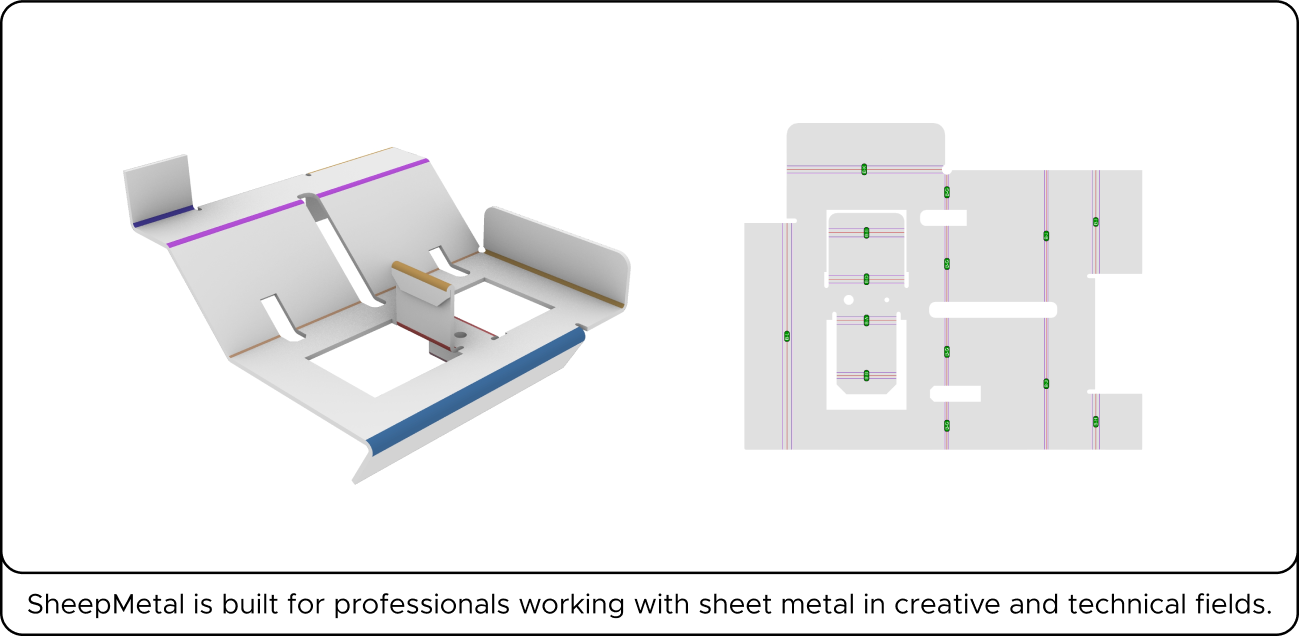 3D model and flat layout of a sheet metal design, labeled 