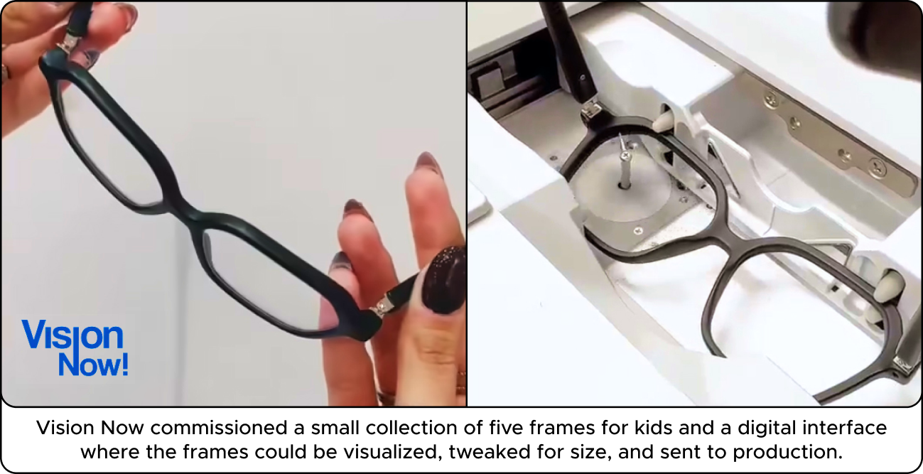 Close-up of a hand holding black glasses on the left; glasses frame in a digital interface on the right. Text: