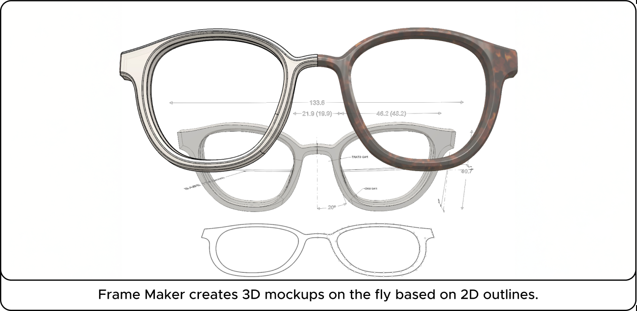 Two pairs of eyeglasses: one 3D brown frame and one 2D outline, showcasing design transformation with dimensions.