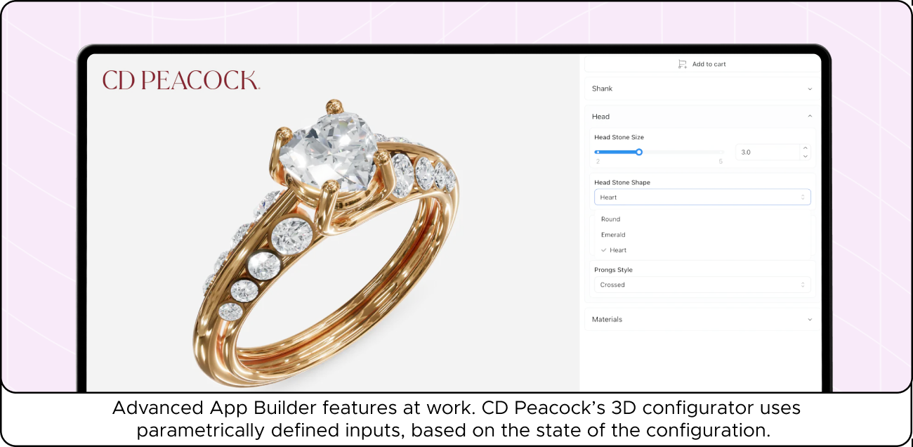 A gold ring with a large central diamond and smaller surrounding diamonds, displayed on a screen with configuration options on the side.