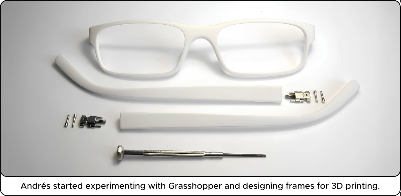 White 3D-printed eyeglass frames disassembled, with a small screwdriver and hinges, placed on a white surface.