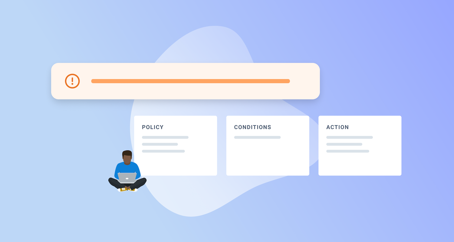 Stylized image of person sitting cross-legged with laptop in front of policy documents