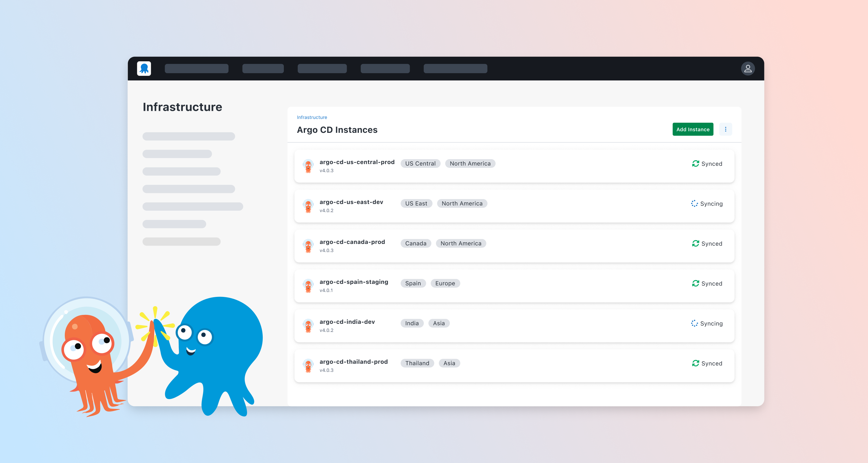 Stylized image of Argo CD in the Octopus UI with Octopus and Argo logos high-fiving in front of it.