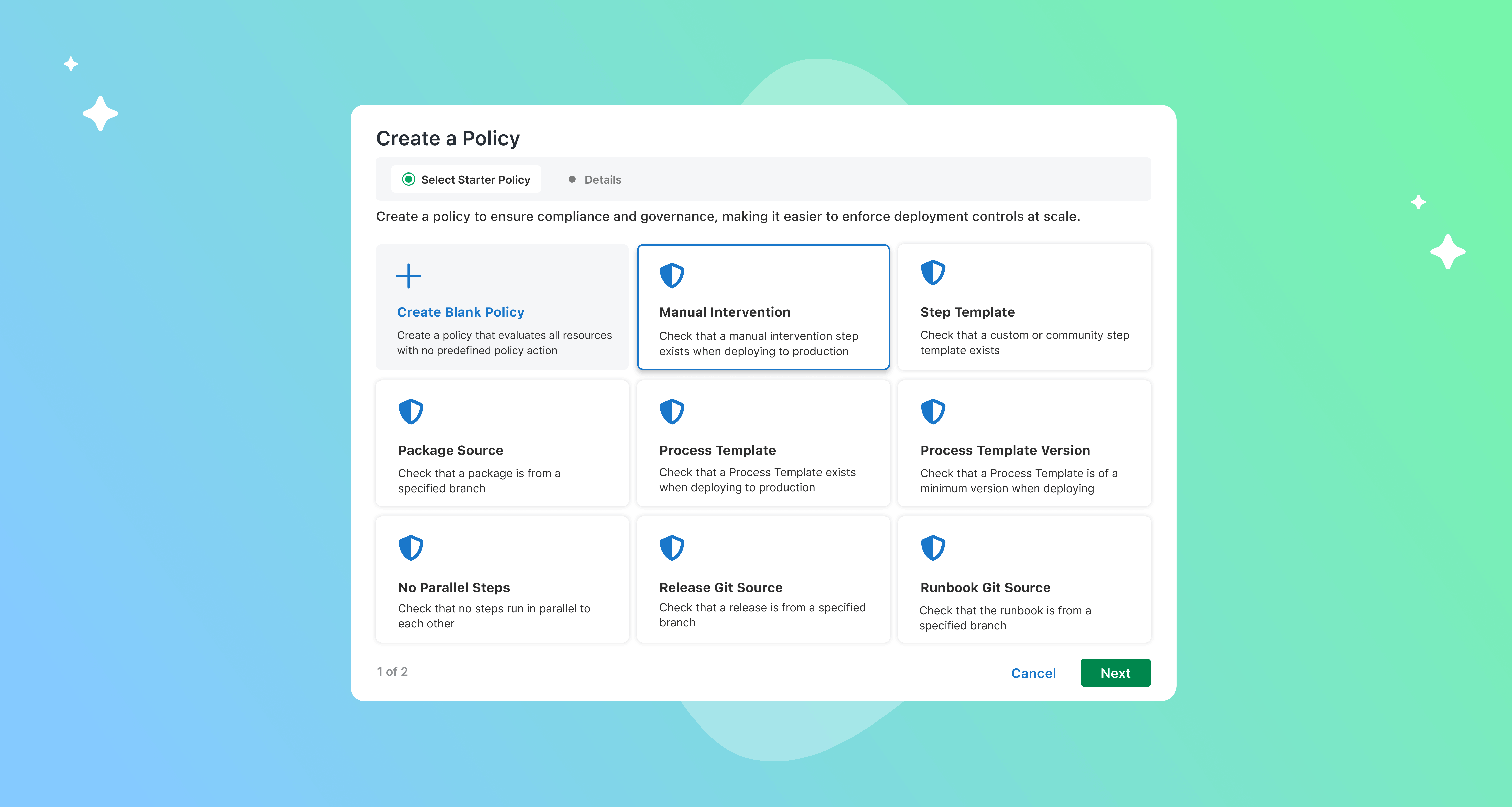 Starter policies in Platform Hub in Octopus UI