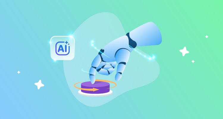 Robotic hand pressing button next to AI tag