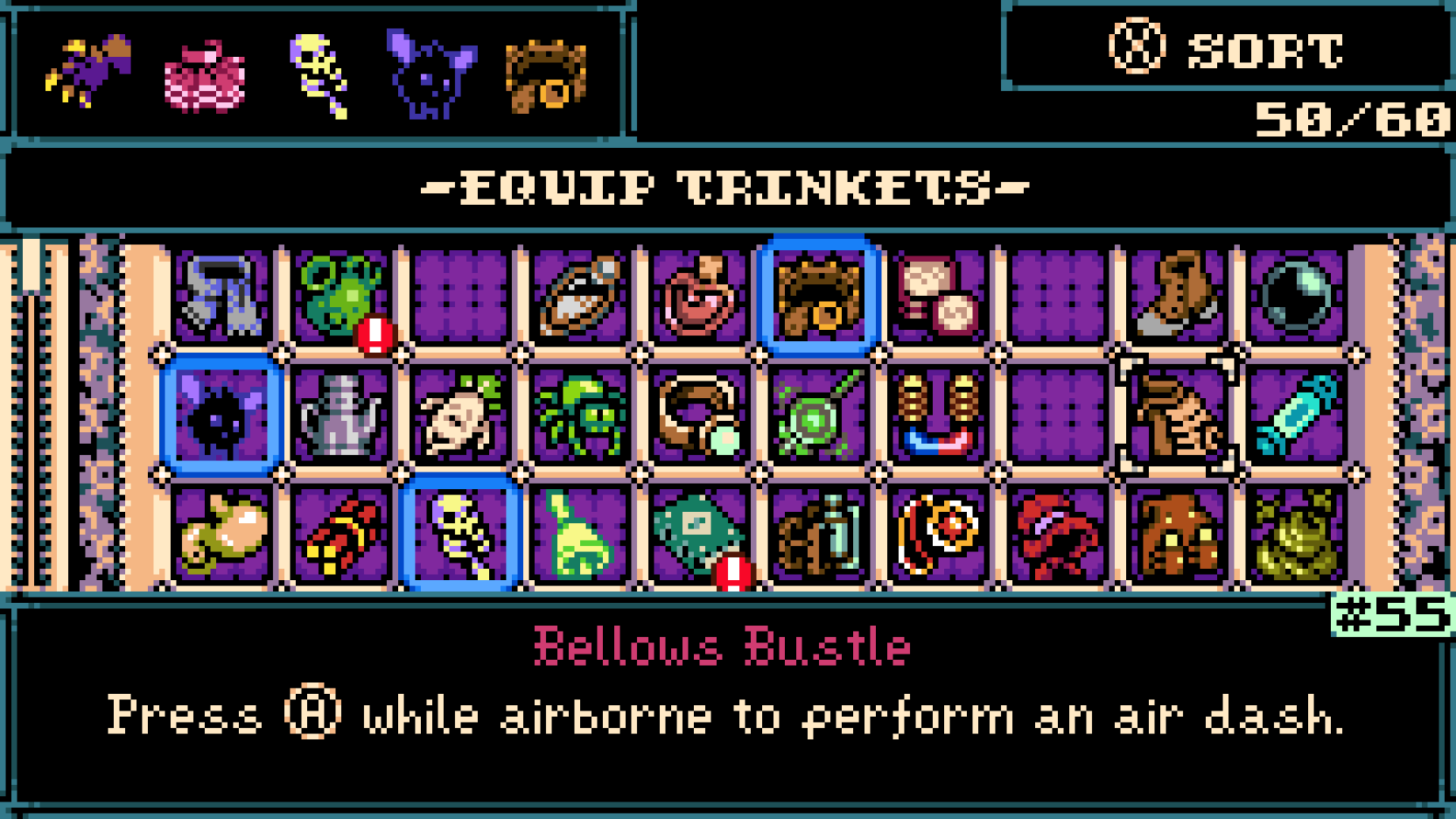 Mina the Hollower Equip Trinkets screen with a grid for planning a beginner build