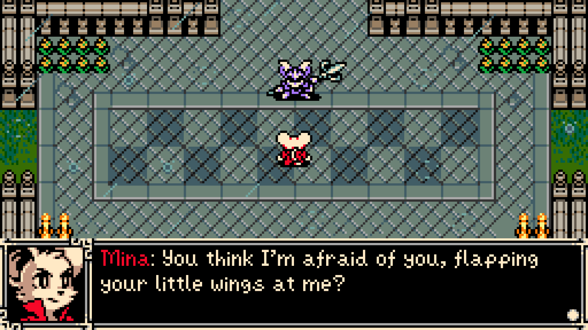 Mina the Hollower facing a winged enemy, combat scene showing safe weapon distance