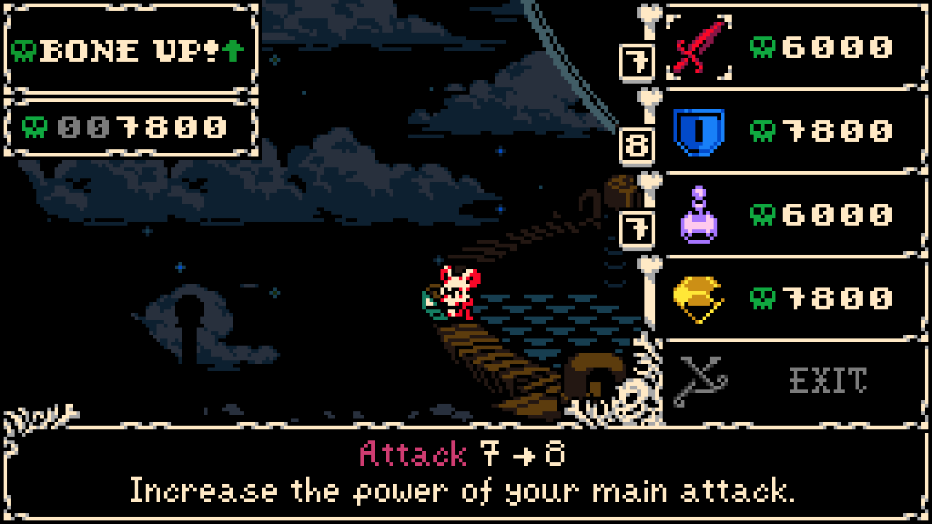 Mina the Hollower Bone Up menu with Attack, Defense and Sidearm upgrade choices