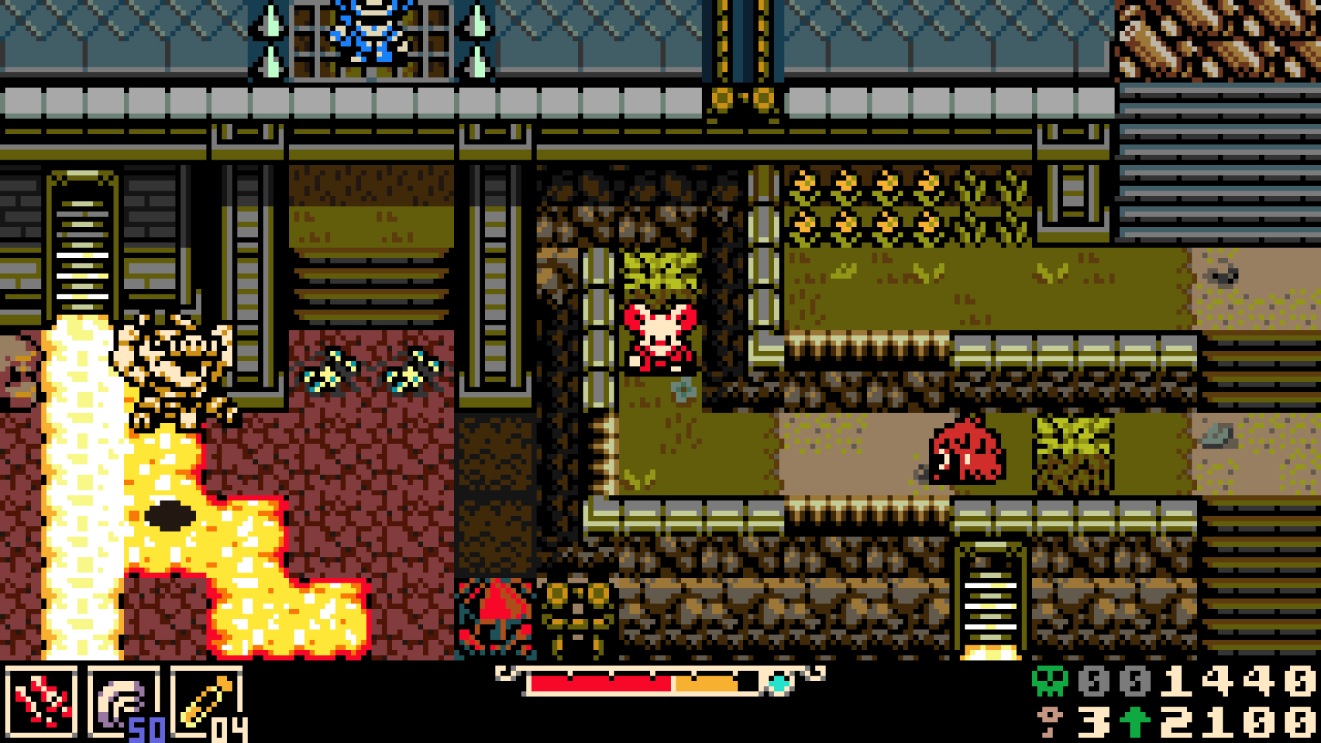 Mina the Hollower in a room with flames, platforms and enemies, showing useful burrowing moments