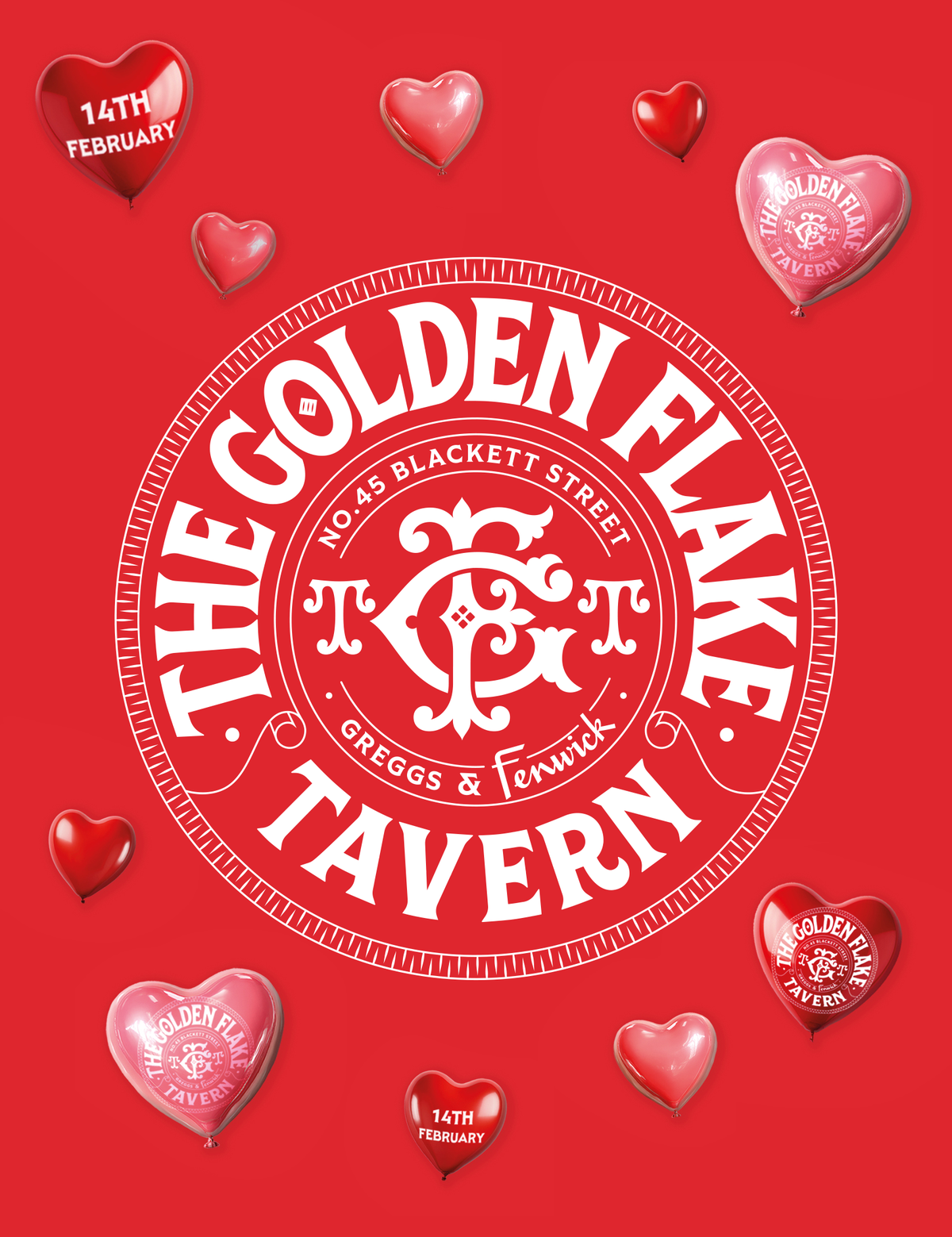 The Golden Flake logo on a red background surrounded by red and pink heart-shaped balloons