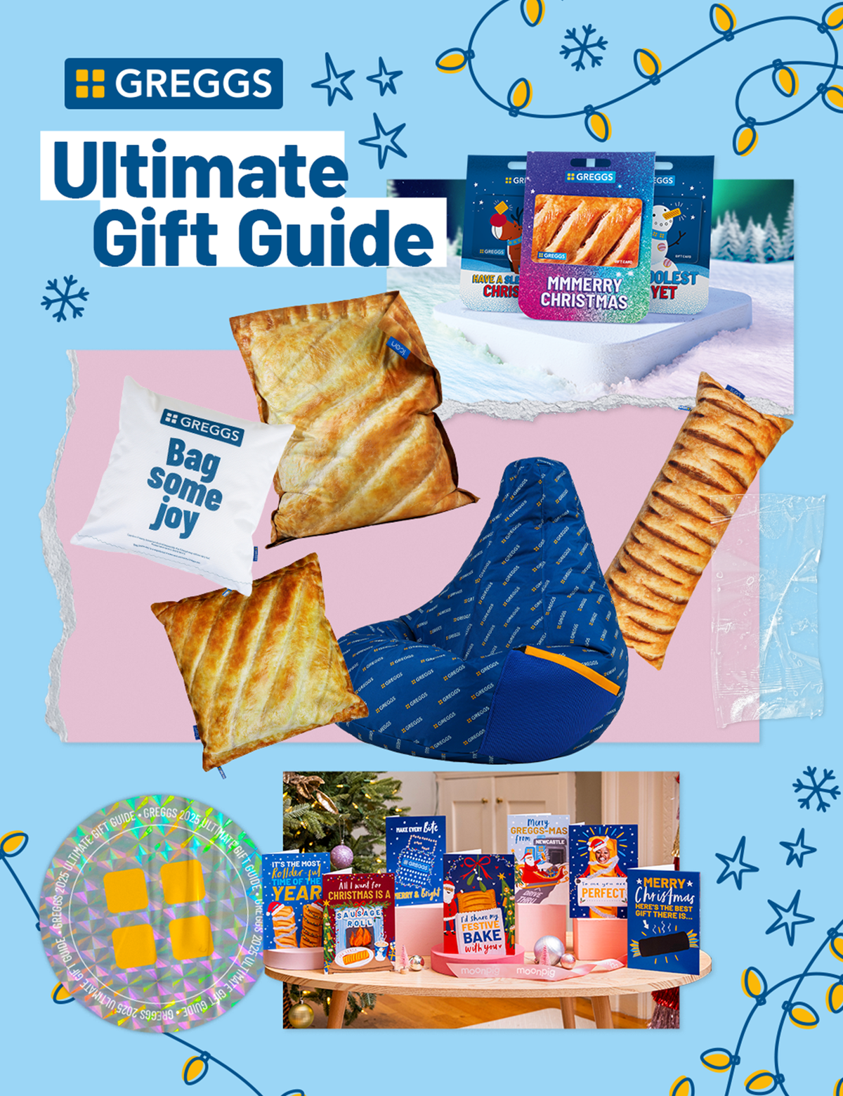 Collage: Greggs 'Ultimate Gift Guide' with sausage roll pillows and beanbag, gift cards, festive greeting cards - all surrounded by illustrations
