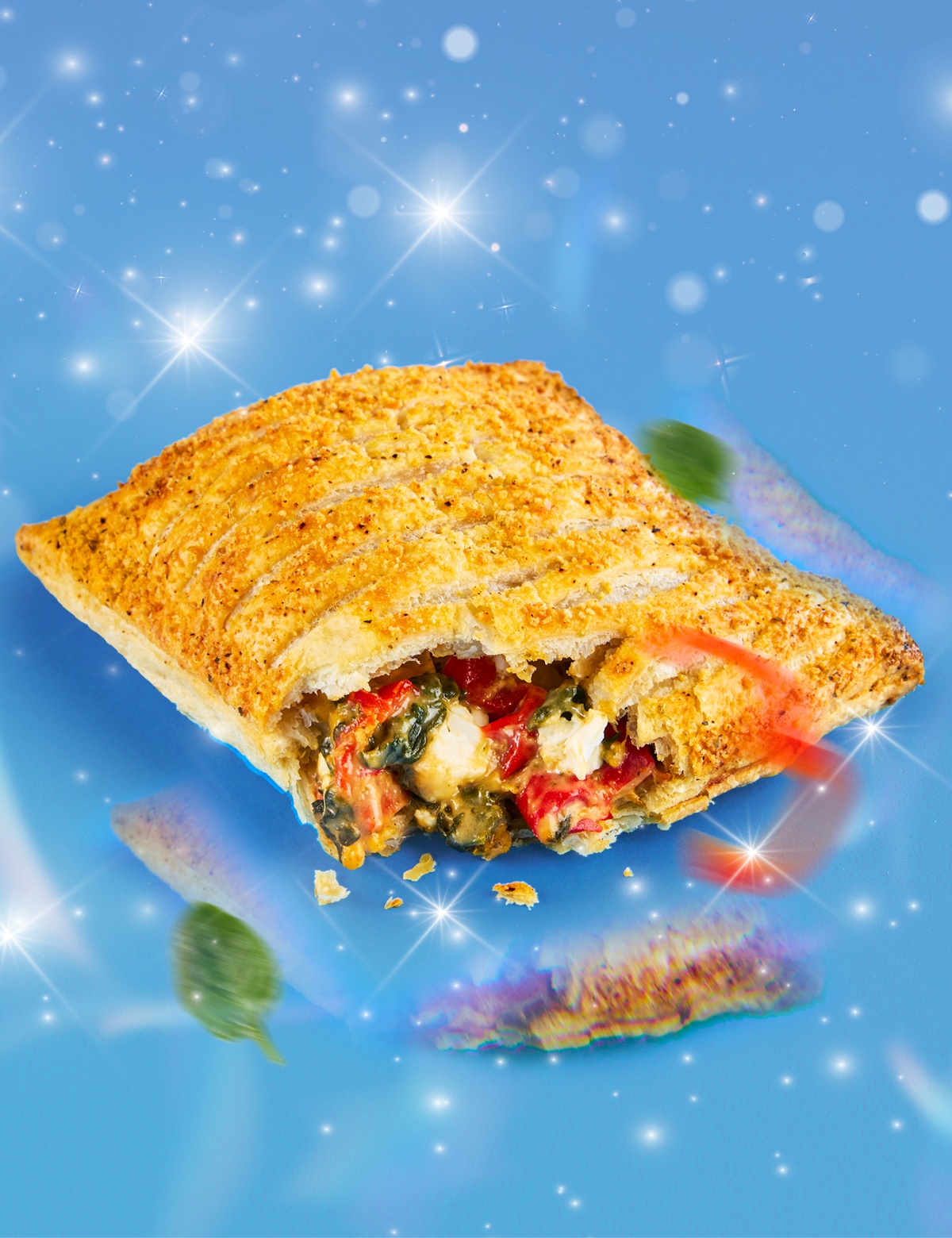 A Red Pepper Feta and Spinach Bake on a blue background with a prismatic effect and sparkles