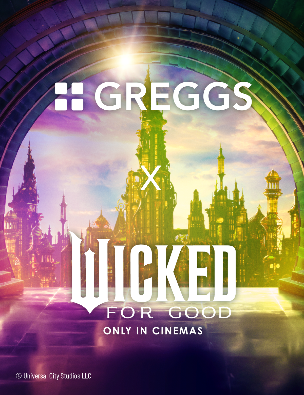 "Greggs x Wicked For Good only in cinemas" in a window above The Emerald City, lit with green and pink hues
