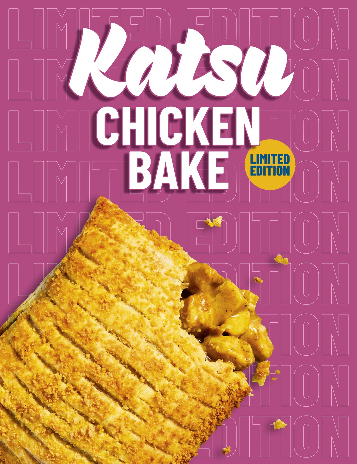 Katsu Chicken Bake on a pink background with "limited edition" beside it