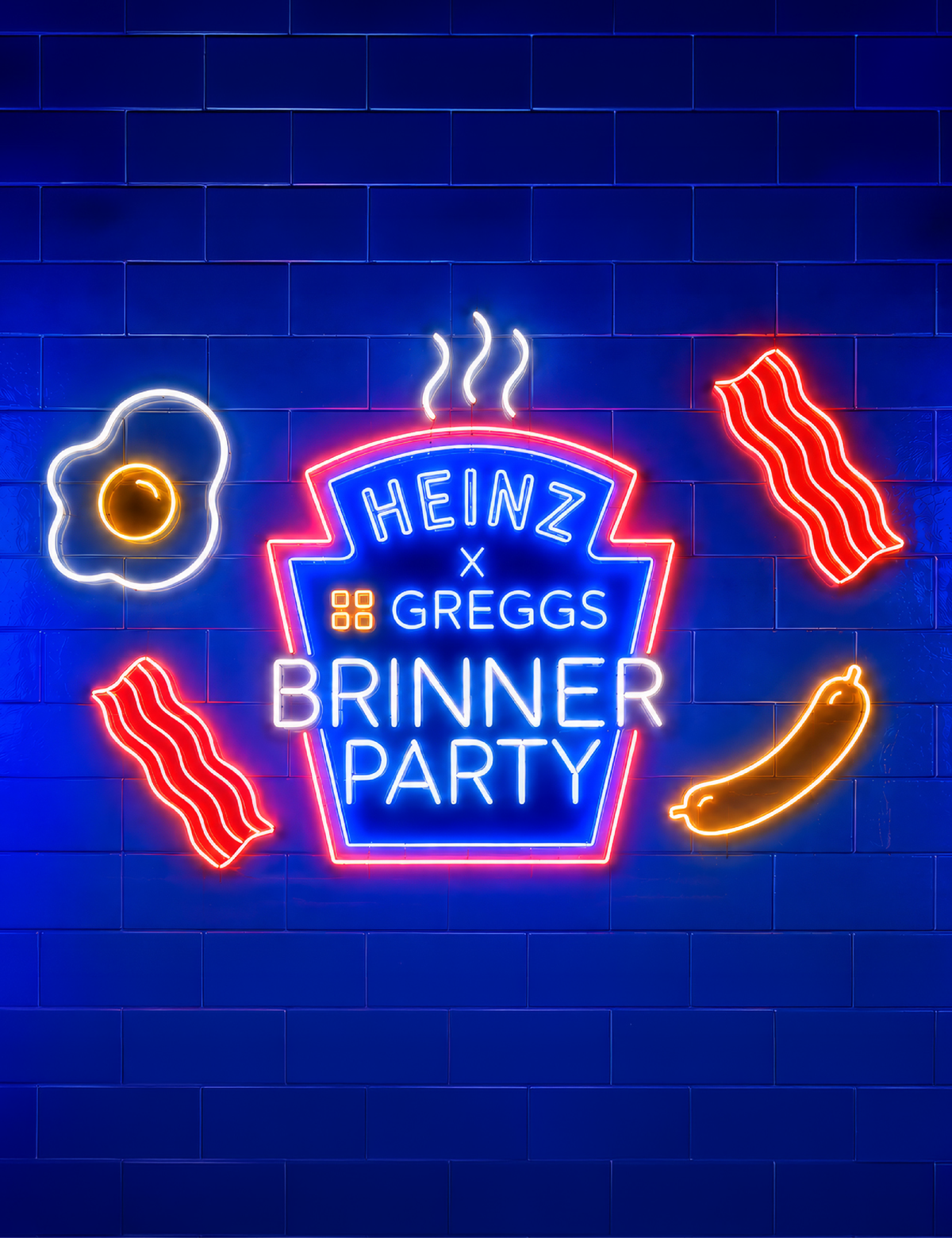 Neon sign on blue tiled wall reads "Heinz x Greggs Brinner Party" with neon images of an egg, bacon, and sausage.