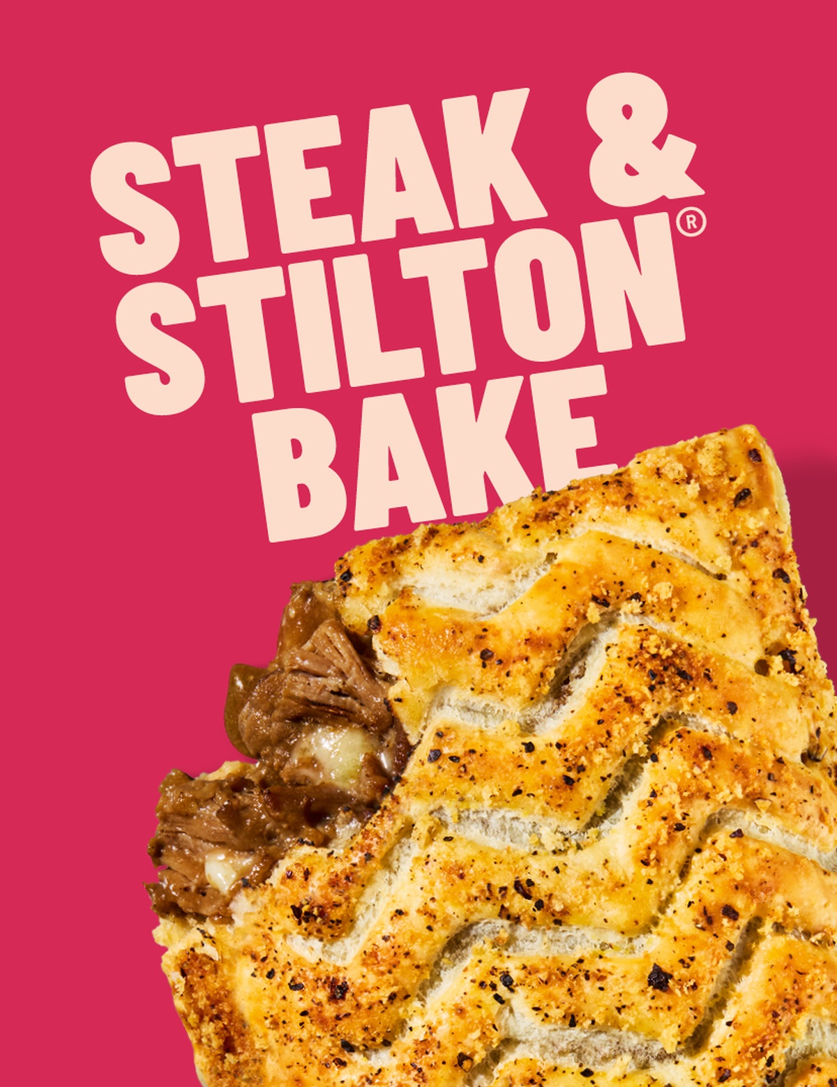 A Steak and Stilton Bake on a pink background