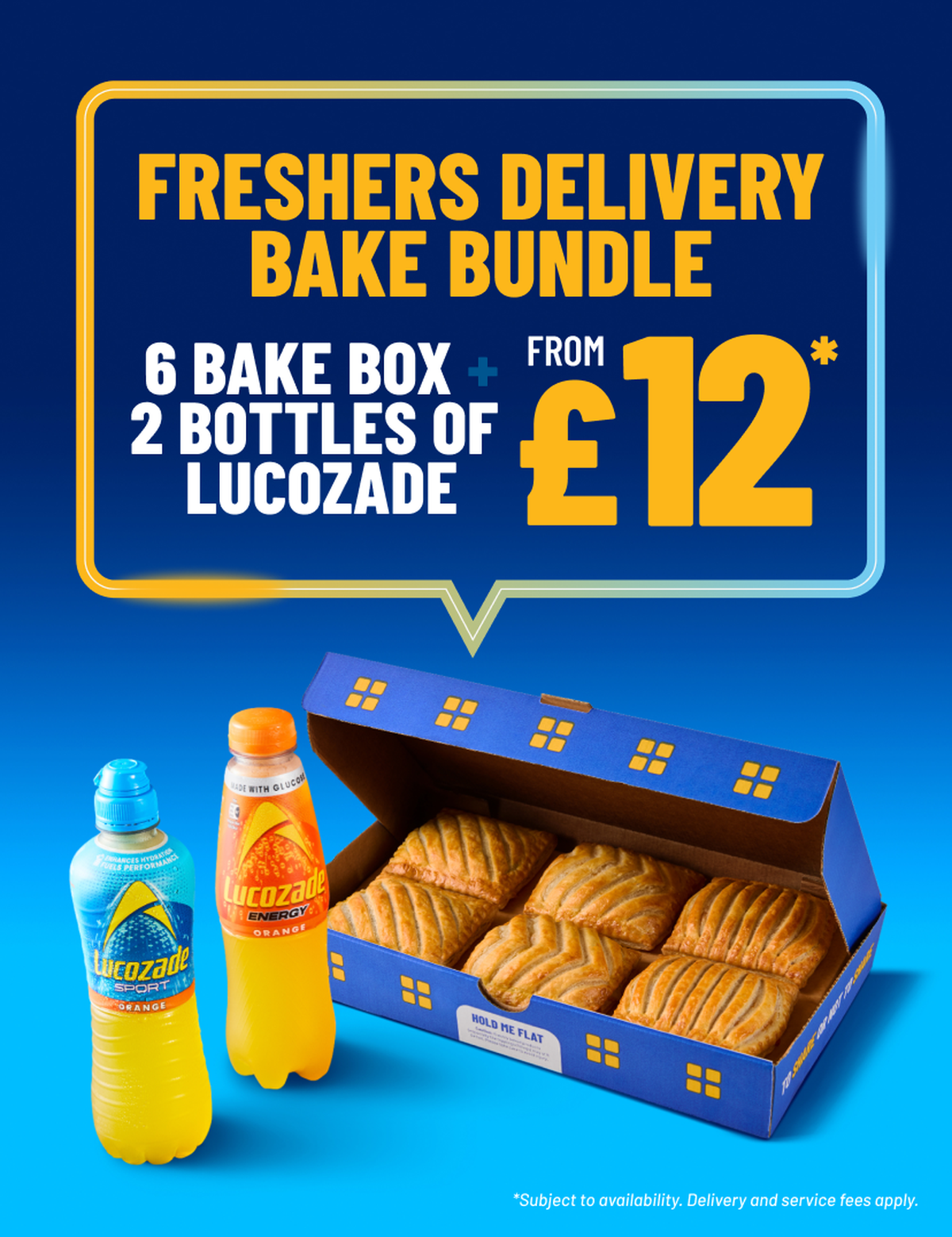 Six bakes and two bottles of Lucozade on a blue background with text that reads "Freshers delivery bake bundle, six bake box and two bottles of Lucozade from £12"