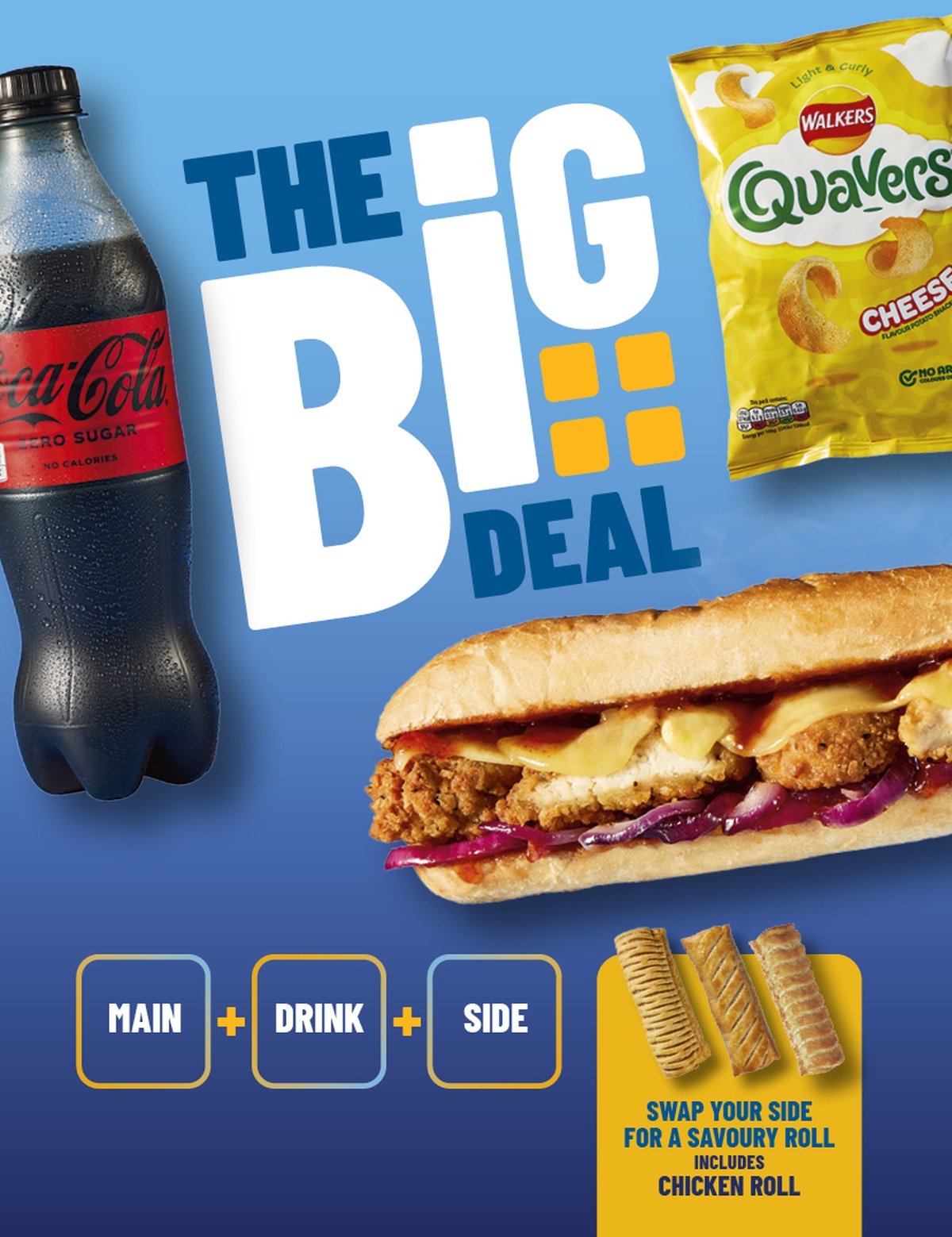 "The Big Deal" on a blue gradient background surrounded by a hot sandwich, cold drink and packet of crisps