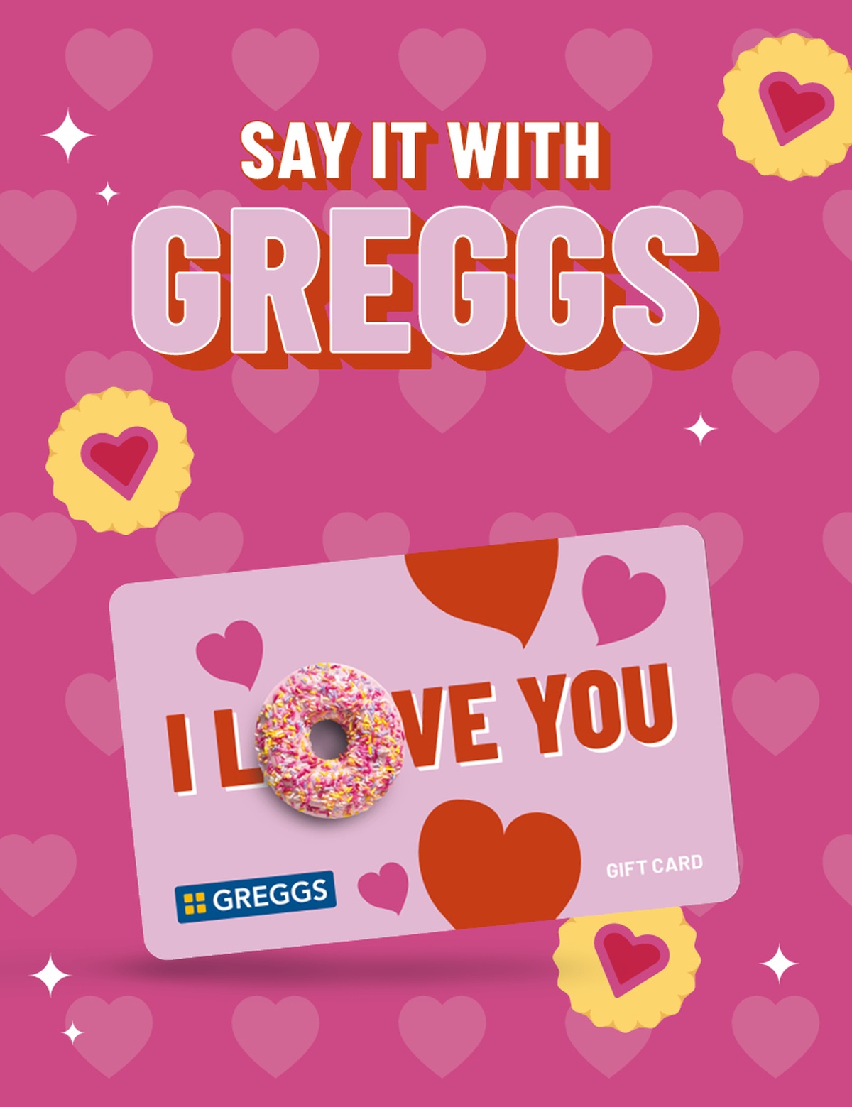An "I love you" gift card on a pink background surrounded by illustrated hearts