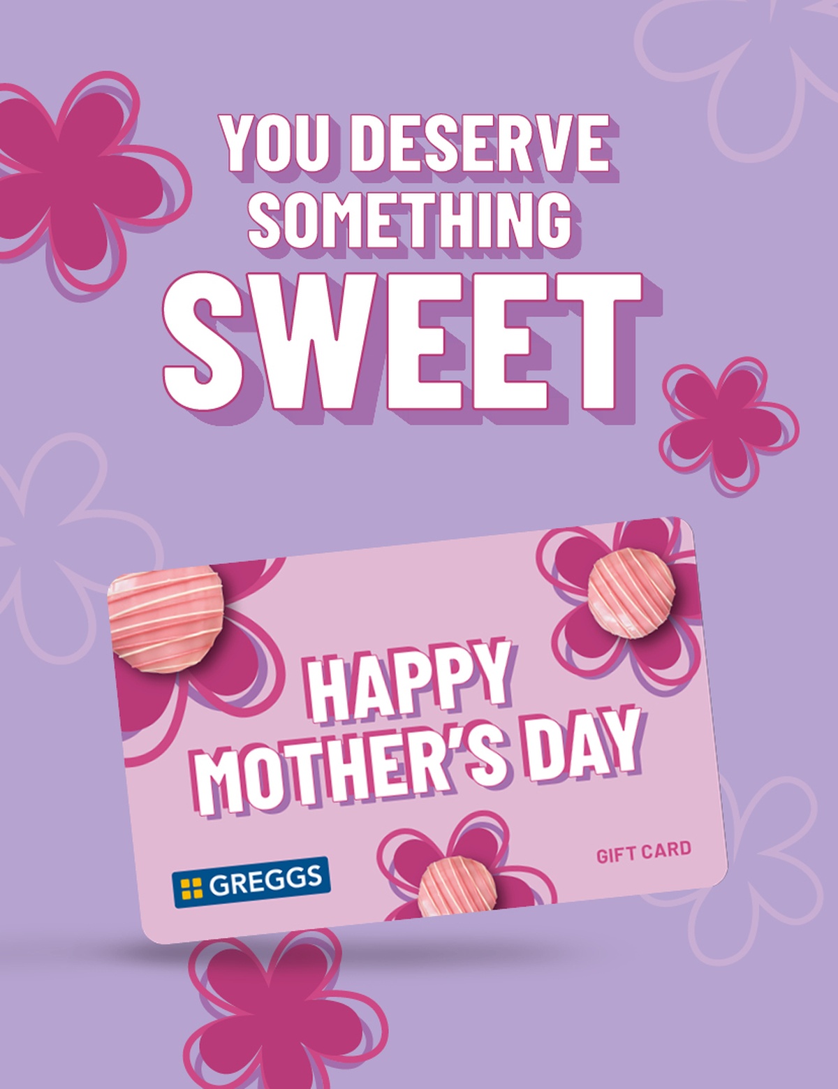 A mothers day gift card on a purple background surrounded by illustrated flowers