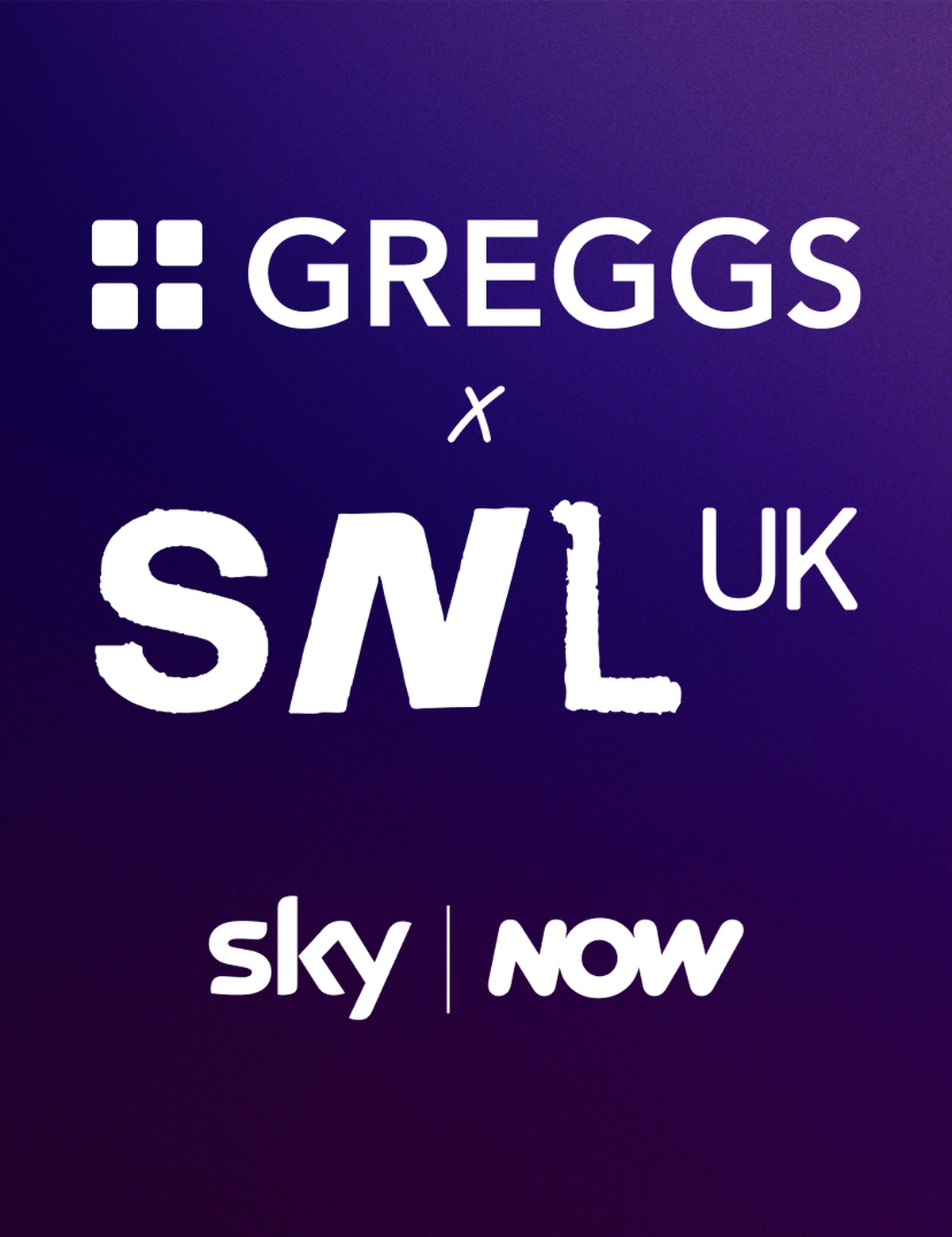 Greggs x Saturday Night Live UK on a purple and black gradient background