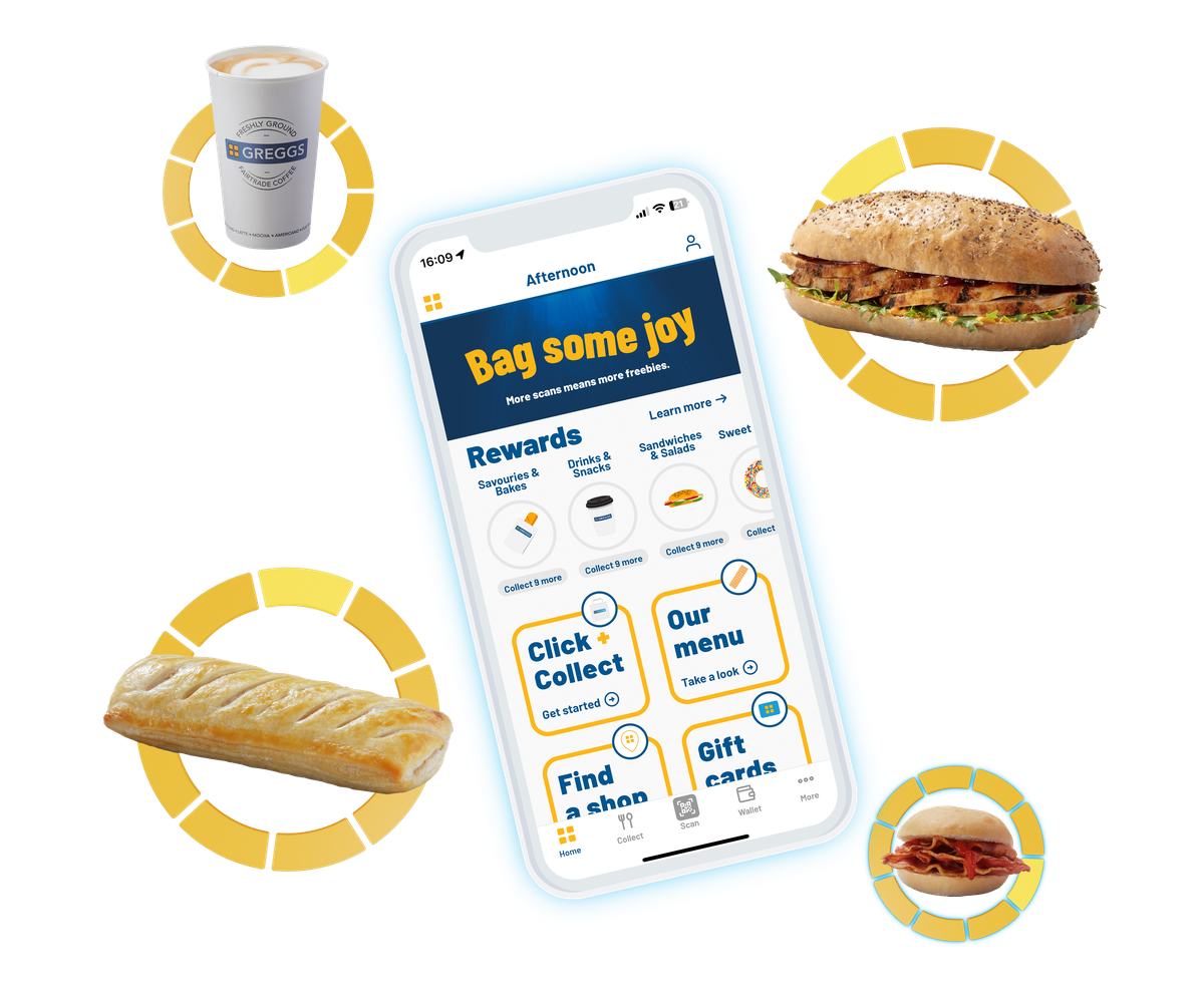 A phone shows the app landing page, surrounded by Greggs menu items.