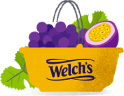 Illustration of a basket of grapes and passion fruit