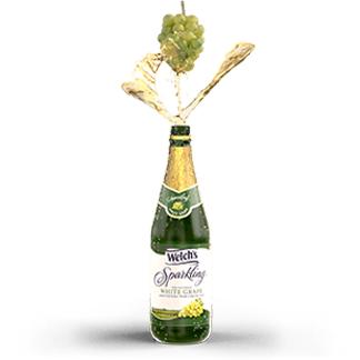 Bunch of white grapes swirling and splashing into Welch's Sparkling White Grape Juice.
