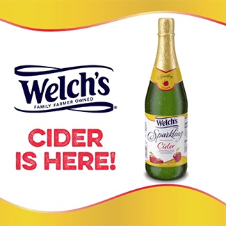 Welch's Sparkling Cider Instagram post with text overlay "CIDER IS HERE!"