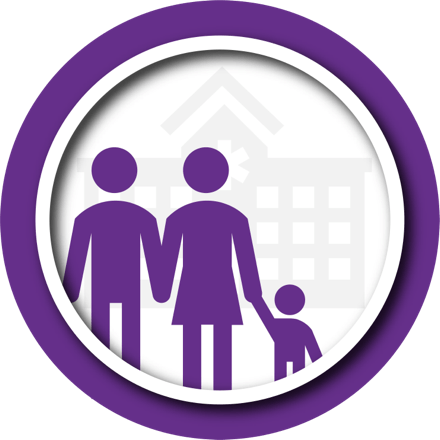 Purple illustration of parents and child holding hands.