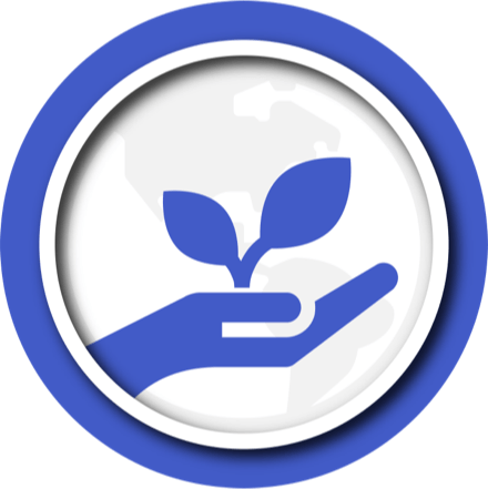 Blue illustration of hand holding a sprouting plant.