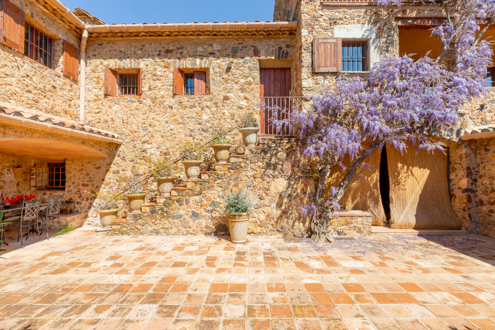 Finca Mas Gotas Stone courtyard with terracotta tiles, a staircase lined with potted plants, and a wisteria-covered building with wooden shutters.