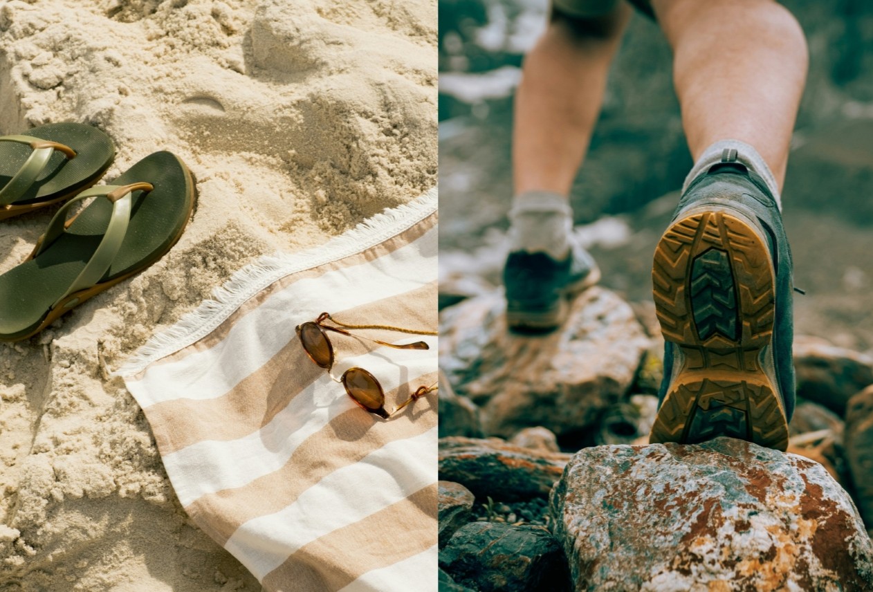Split image: Left side shows sandals, sunglasses, and a striped towel on sand; right side shows a person hiking on rocky terrain wearing boots.