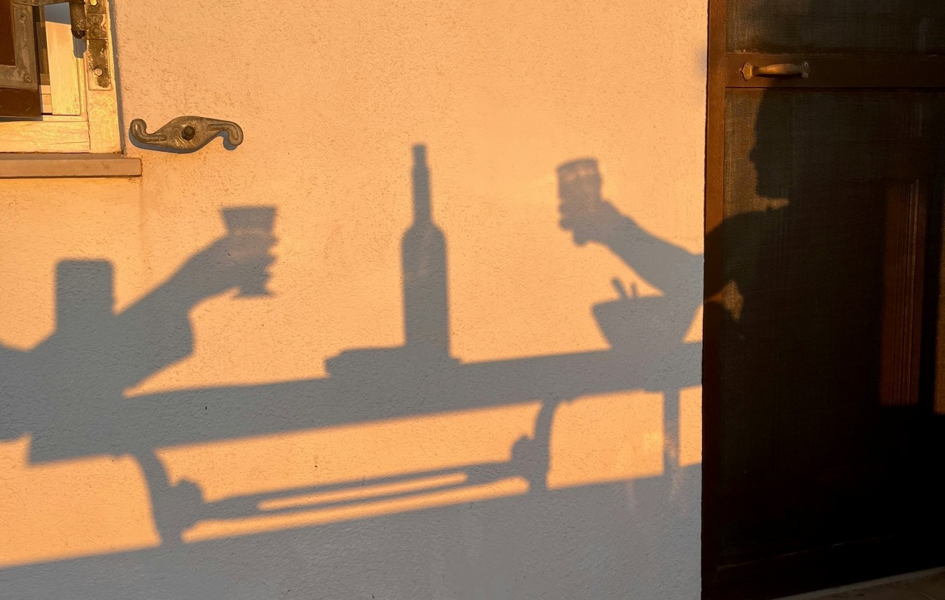Shadows on a wall depict two people toasting with drinks over a table with a bottle, against a warm, golden backdrop.
