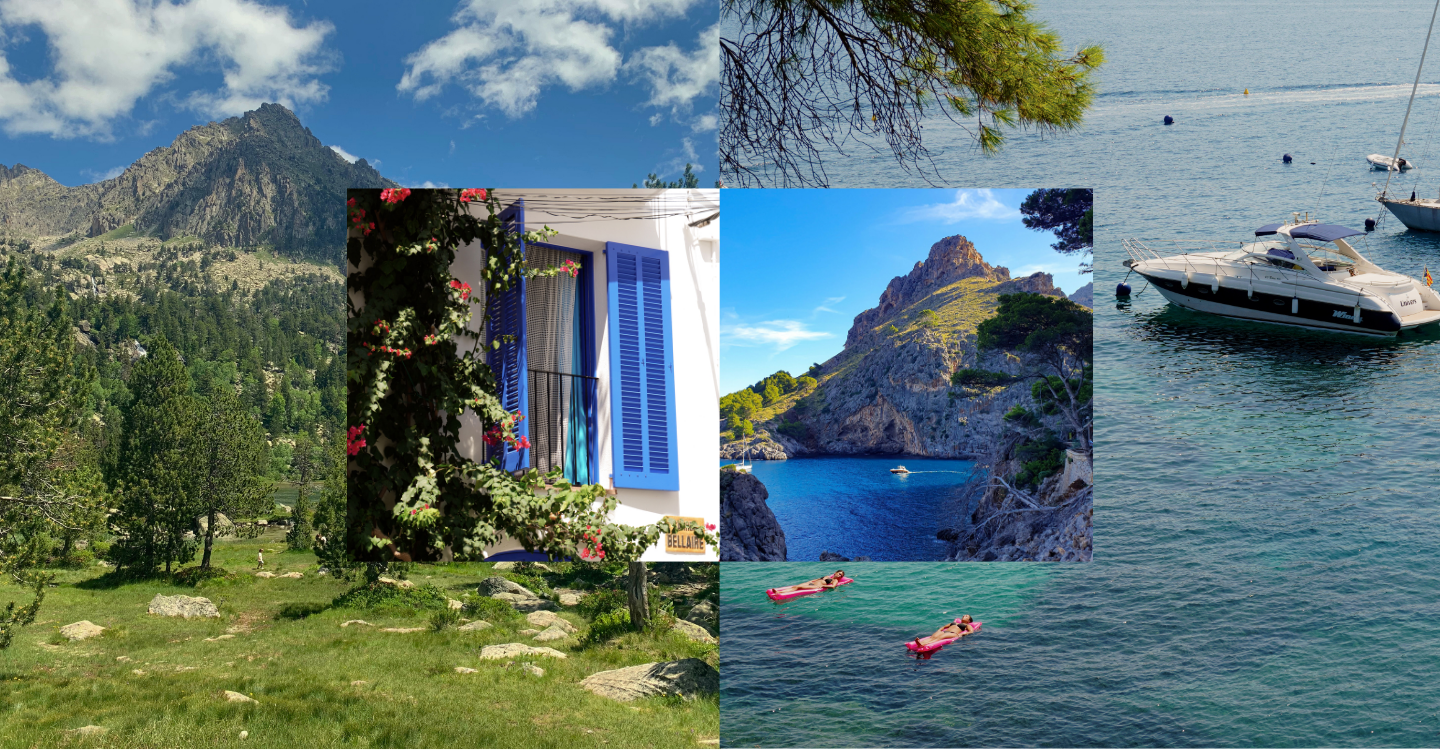 Collage of a mountain, house with blue shutters, rocky coastline, kayaks in turquoise water, and a yacht near a tree-lined shore.