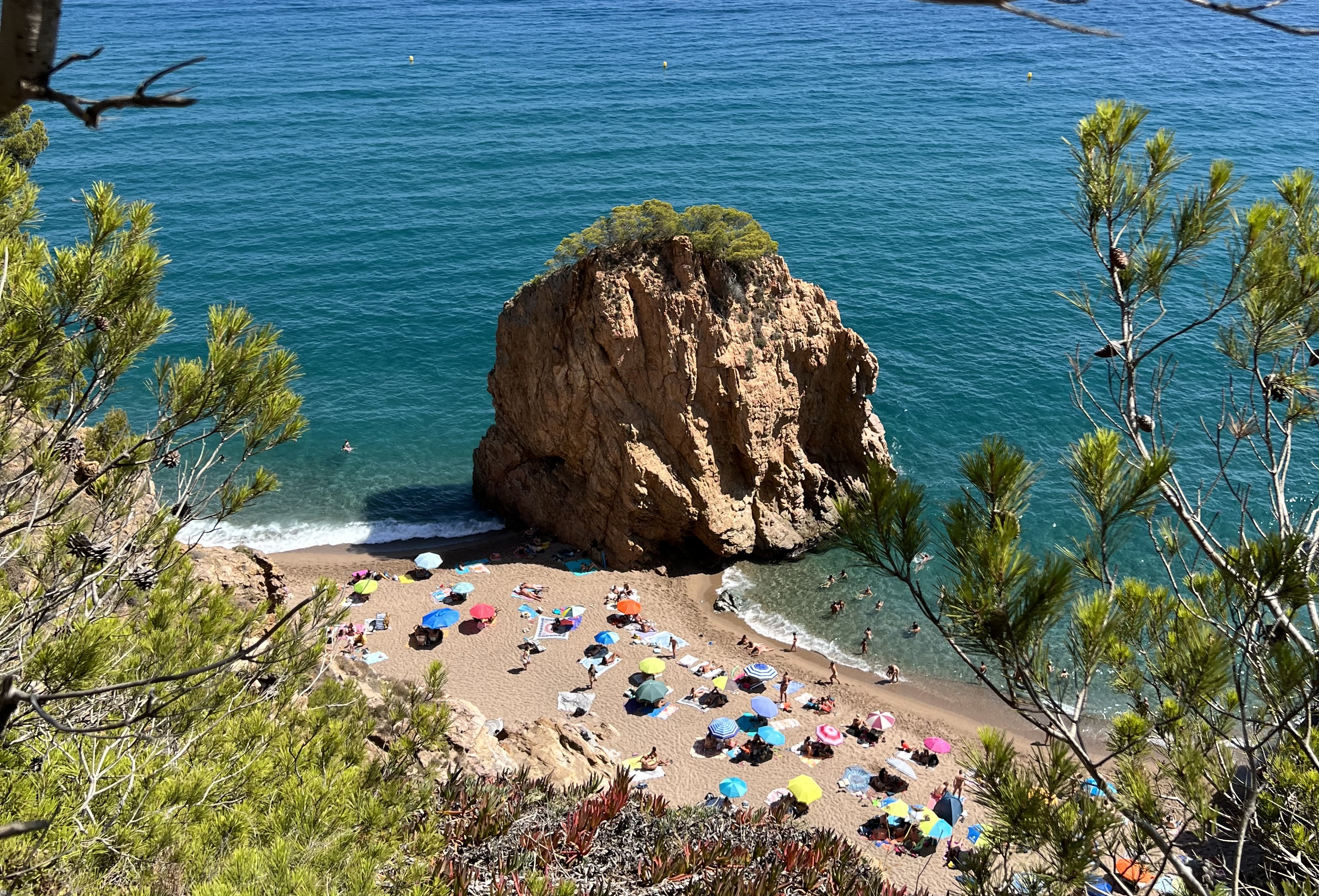 Seaside view of a rocky beach with a large rock formation, colorful umbrellas, sunbathers, and clear blue water, framed by green foliage.