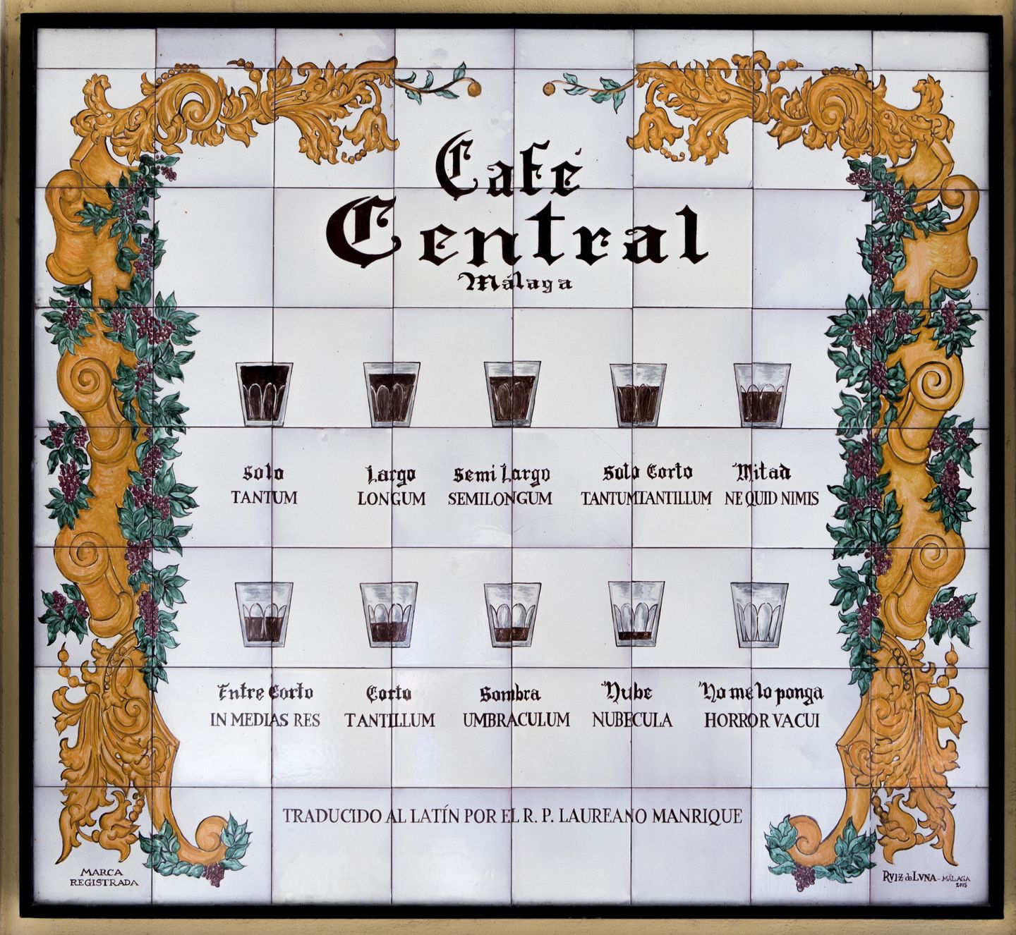 Decorative tile showing various sizes of coffee in glasses, labeled in Latin.