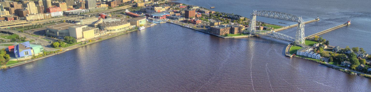 An aerial view of Duluth Harbour and Lake Superior