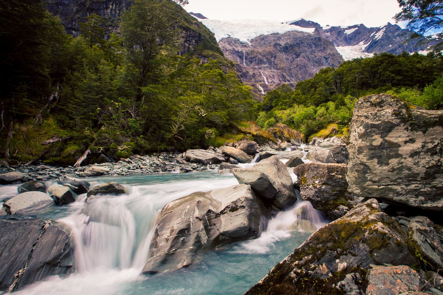 A small waterfall surrounded by bush on the Rob Roy Track in Mount Aspiring National Park, New Zealand