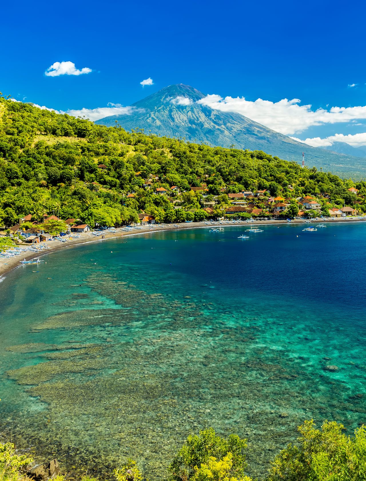 An aerial view of Amed Bay in Bali, Indonesia.