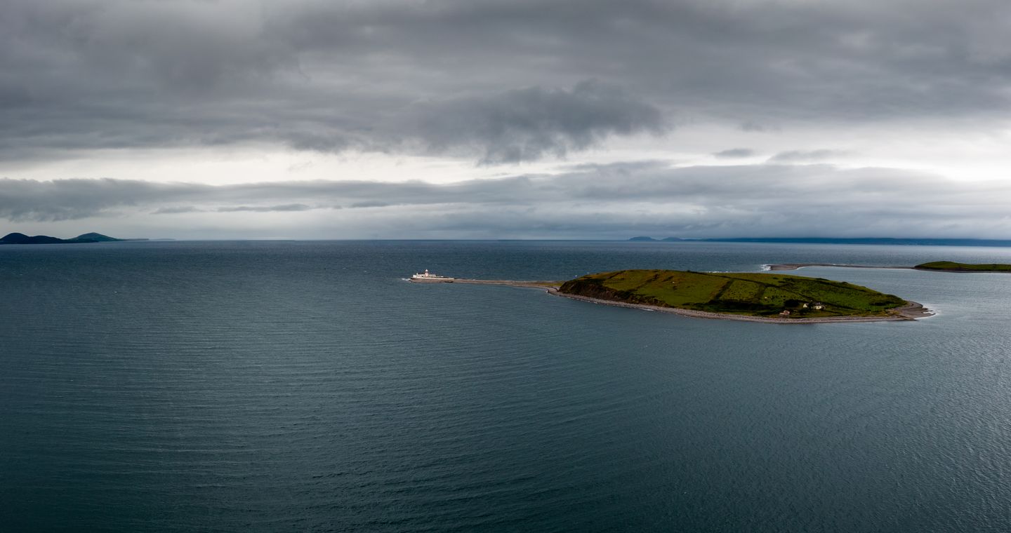 An aerial view of Clare Island and its lighthouse